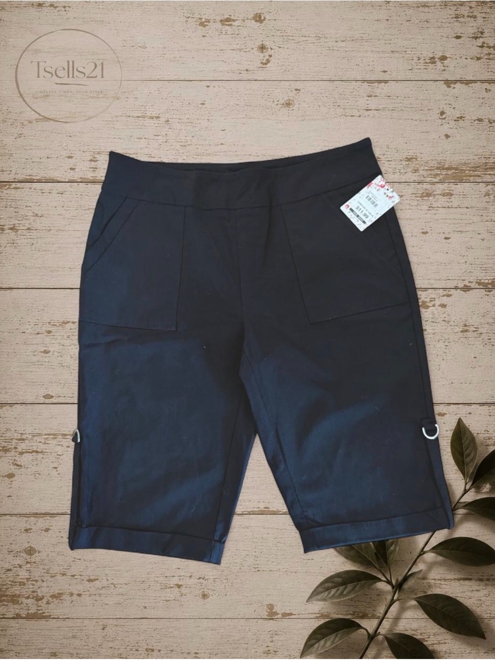NWT Jenna Rose Black Classic Cuffed Bermuda Utility Shorts - Size XL